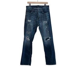 BKE Men's Distressed Patched Blue Straight Leg Jeans